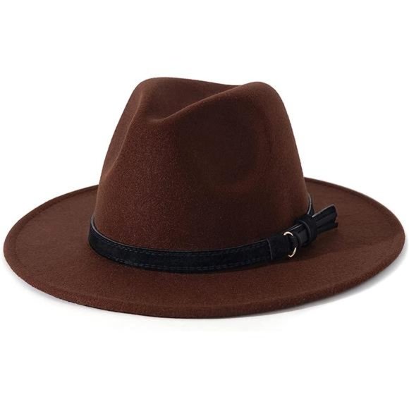 Other - Men & Women Vintage Wide Brim Fedora Hat with Belt Buckle Z Black Belt-coffee
